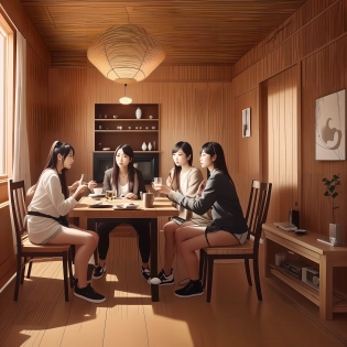 a cyberpunk Japanese house, beautiful girls sitting at the dining table, realistic letters, realistic hands, dining table, woman watching TV, masterpiece