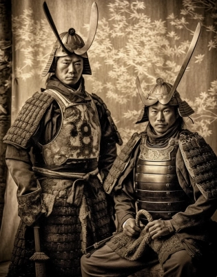 two samurai in armor stand in a black and white picture, in the style of uniformly staged images, in the style of vintage sepia-toned photography, 32k uhd, dark indigo and silver, neo-mosaic, wet plate negatives, edgy political commentary, intricate detail --ar 179:230 --quality 2 --s 750 --v 5. 1