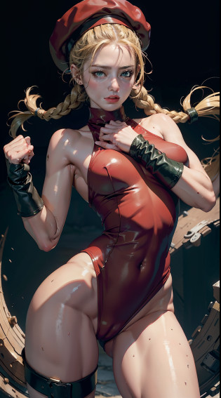 Best Quality, Masterpiece, Ultra High Resolution, rembrandt Lighting, night time, background dark, cammy street fighter, attractive, long blonde braided hair, wearing small red army beret hat, sexy singlet vibrant green outfit, wearing red combat gloves, combat boots, leggings, no cleavage, seductive, extra curves, wet skin, petite breasts, white skin, 3/4 shot of adynamic combat pose, big thighs, slim waist, shy, sfw, scantily clad, ripped, revealing outfit, camel toe, flawless masterpiece kawaii, perfect body, perfect face, perfect hands, perfect fingers, sexy pose, PERFECT ANATOMY