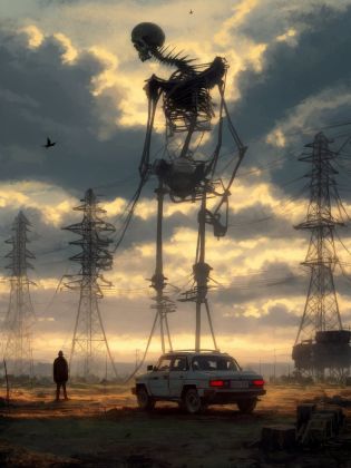 DarkSpheraStyle, outdoors, sky, cloud, no humans, glowing, bird, cloudy sky, ground vehicle, motor vehicle, science fiction, monster, car, cable, ruins, power lines, skeleton, utility pole  <lora:DarkSpheraStyle:0.7>