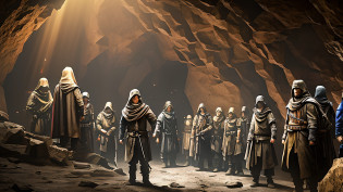 Generate an image depicting a group of people trapped inside a dark cave, with a confident and authoritative person at the center addressing them. The cave should be depicted as a dimly lit, oppressive space with rough walls and a sense of confinement. The people should be shown huddled together, their faces reflecting a mixture of desperation and hope as they look towards the central figure. The confident person should be portrayed as standing tall and composed, exuding an aura of leadership and assurance. Their posture should convey a sense of strength and determination. The cave's environment should be depicted with shadows and subtle lighting, adding to the atmosphere of mystery and isolation. Use contrasting colors to highlight the presence of the confident individual amidst the darkness. The image should inspire a sense of trust and motivation, as the confident person guides and encourages the trapped individuals to persevere and find a way out of the cave --auto --s2