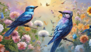 there are two birds sitting on a fence surrounded by flowers, colorful hd picure, colorful birds, birds and butterflies, blue and yellow fauna, magical colorful flowers, realistic flowers oil painting, crystallic sunflowers, nature painting, butterflies and birds, beautiful nature, birds in the sunlight, beautiful painting of friends, mystical birds, bright sunny day,