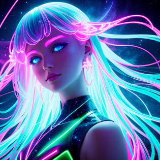 close up portrait of a woman, dynamic angles, long hair, contour light, cosmos, stars, galaxy, 3d neon art of  the aurora borealis, womens body, made of neon light, white neon lighting, highly detailed zen neon, transparent glass woman, intricate futuristic led jewelry, translucent neon skin, intricate white and gold neon, neon electronic signs, artificial neon light, made of glowing wax and ceramic, detailed glowing head, cyber neon lightings, cosmic style, --auto