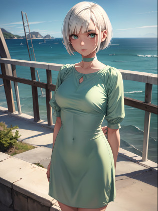 Tia is a solitary girl with short white hair styled in a bob cut straight white eyebrows and sleepy eyes mint green fish body rectangle olive skin tone medium sized ass and breasts standing looking out over the sea from a bridge Superior quality Highly detailed Realistic