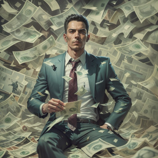 A detailed painting of an outsider in a suit, Surrounded by a barrage of dollar bills, Aim for a?Financial freedom formula?One book as the center.