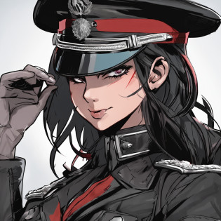 ((masterpiece, best quality)), (1girl), (solo), (female focus), female goth army officer, black leather german uniform, wearing army leather hat, strong makeup, large breasts, tall woman, black eyes, constricted pupils, empty eyes, sadistic expression, yandere, female death appearance, black hair, dynamic angle, ultra detailed, 8k resolution, depth of field, sharp focus, SFV, deep shadows, red background