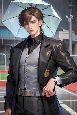 On the school playground, heavy rain, man hand over a folded umbrella, (high resolution, distinct_image) superb man, masterpiece, high detail, semi-realistic, brown short hair man, brown hair, short hair, medium hair, 18 years old, young, tall and strong, blackened coat, gray-blue clothes, students, college, , dashing, natural, handsome, authoritarian, powerful aura, exquisite facial features, facial details, man standing on a huge playground, the sky is raining heavily, rain mixed with sweat on the man's body, On the school playground, the background is on a plastic track