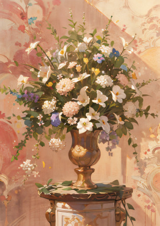Draw a vase on the table?The background is the wall, vases, elegant flowers, ornate floral, Elegant composition, Bouquet, vase with flowers, gilded. Floral, floral renewal, Elegant scene, Still life with flowers, inspired by Fran�ois Boquet, i dream of a vase flowers, elegant and refined painting, author?John Clayton Adams