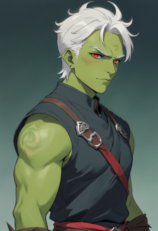 half orc, green skin, male, close up portrait, fantasy look, rpg character, medieval fantasy, white hair, red eyes, 1.90 height, muscolar, half-body shot, scars, ((Taper Haircut + Brushed Up man's hairstyle)), black boots, fullbody ((fullbody)), 30years, muscolar body, black outfits, ((black fantasy outfits)), ((deep green skin))