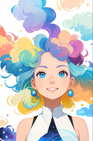 ((?masterpiece)), (((top-quality))), ((ultra-detailliert)), ((illustratio)),[Realism Light Effect],shadowy,(fantasy-style),(White background:1.6), simple�background, (Earth theme),(cloaks)[(Hair Focus,((1girl in))],[(Big slime hair): (Cloud Hair):0.3], (Background Hair),(a high chroma),(Hair surrounded by galactic splashes),)):((Her hair is becoming a galactic cloud,:1.27628), (Hair and clothes are galactic clouds and star clusters:1.1025),(Cloak is becoming a galactic cloud)(Colorful_Galaxy_print_cluster_In the_Stars_print:1.35),((Detailed starry sky with colorful galaxies and galactic clouds):1.2)):0.35], (((?masterpiece))),(((top-quality))),((ultra-detailliert)),(illustratio),(dynamic ungle),((float)),(paint),((dishevled hair)),((Beautiful Detail Face)),collars,bare shoulders?, ((colourful hair)),((striated hair)),beatiful detailed eyes,(Gradient color eyes),((Brown eyes))),(((colorful backdrop))),(saturated))),(((Surrounded by)colorful water splash)))?((Surrounded by colorful dots)))?pearl earring?((I have a paper bag))?((shake hands)) ,A smile