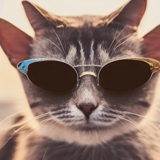 a cat wearing a sunglasses with a fake smile lying on beach