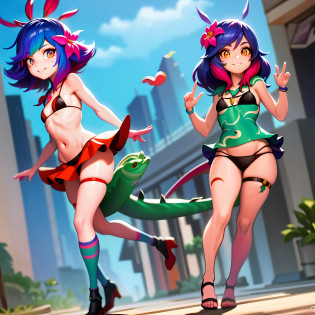 best illustration, illustration, vibrant colors, masterpiece, best quality, absurdities, 1girl, beautiful face, detailed eyes, looking at the viewer, contrapposto, sexy, full body, neeko, facial marks, hair ornaments, hair flower, necklace, lizard tail, multicolored skin, body painting, walking in public, with shame, red with shame, panting, smiling, in public, waving to strangers, teasing strangers, (( black micro-bikini)), walking on the street, in public, wearing black micro-bikini, black bikini, 2 girls, 2 twins, 1 loli