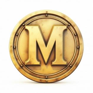 vintage iconic logo of M letter, on a coin, yellow color palette, subtle gradients, isolated on white background --q 2 --v 5