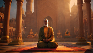 In front of an Islamic mosque?There is a mosque building?Many Muslims worship?Buddha on the cross instead of Christ?Buddha is on the cross?Christ sitting cross-legged?Christ sits with his eyes closed like a Buddha statue