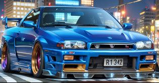 car with headlights turned on in a city street, hyper detail illustration, nissan r34 gtr, nissan gtr r 3 4, full view of a car, full view of a sport car, in a modified nissan skyline r34, background hyper detailed