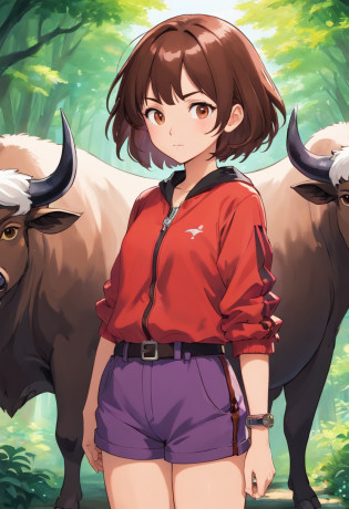 Lovely brown short hair.The eyes are black, The pupils are purple;.Brown fair skin, short white top and red jacket, Longer waist,Grey shorts and belt.On the head are black bull horns, And on them is a white chain with black crystals,The tail is black.