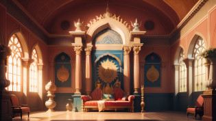 A indian gods royal place with a throne , very royal throne in a royal room in cartoon the room is empty