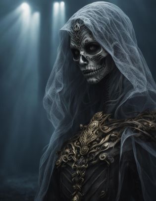 photo realistic, ultra details, natural light ultra detailed portrait of a female necromancer, skeleton face volumetric fog, Hyperrealism, breathtaking, ultra realistic, ultra detailed, cyber background, cinematic lighting, highly detailed, breathtaking, photography, stunning environment, wide-angle