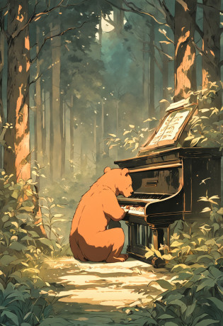 A bear cub plays the piano in the forest, In the style of medieval illustrations, Symbolic figurative landscapes, Light red and silver, Vintage poster design, Organic Art Nouveau, Saturated pigment pool, woodcut print