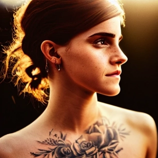 hyper realistic photograph, beautiful body of a tattooed Emma Watson, future punk, gold tattoo line, side profile, summer, dramatic light, looking down film grain, Leica 50mm, Kodak portrait 800, chiaroscuro, f1. 4, golden hour �ar 3:4