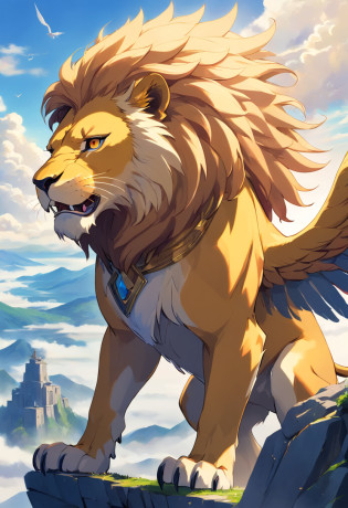lion griffin, mythical creature, majestic, powerful wings, lion body, eagle head, fierce gaze, sharp claws, feathers, golden beak, large size, flying, mountains, cloudy sky, ancient ruins, fantasy realm, mythical landscape, epic, magical, mythical creature, mythical beast, fierce, mythical monster