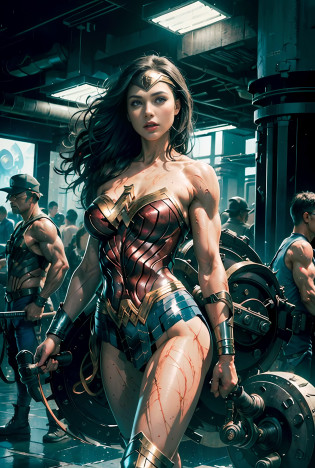 (Masterpiece, Top Quality),1girl ,{{Depth of field}}, Hyper detail, 1woman, (Victoria's Secret Model Wonder Woman), Single, Full Body, (Intricate Details, Makeup), (Delicate and beautiful delicate face, delicate and beautiful delicate eyes, face with perfect proportions), High-detail skin, delicate skin, Best proportions Four fingers and one thumb, strong and realistic blue eyes, realistic black hair, lips, makeup, natural skin texture, tiara, leotard, bulletproof cuffs, red boots,  (public clothing:1.3), slightly sunburned, mature, sexy, elastic muscles, (muscles:1.3), ((strong and healthy body)), (((((more) muscles))), wet body, wet hair, long legs, curved, thick thighs, wide buttocks, thin legs, (big breasts: 1.2), thin waist, soft waist, (delicate skin), (wet body: 1.0), (beautiful and sexy woman), (swollen lips: 0.9), (eyelashes: 1.2), very delicate muscle definition, LED panel lights arranged in a square shape to mimic existing indoor fixtures,  A dystopian ghetto controlled by local gangs armed with hacked police weapons such as EMP blasters and taser shotguns, ((top quality)), ((masterpiece)), ((realistic)), (detailed), cinematic lighting,