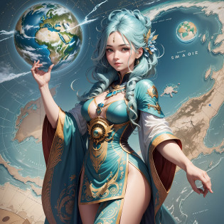 This anthropomorphic map figure is an intelligent and charismatic being. Her hair is woven with brown, blue and green silk threads, symbolizing landing, the sea and various natural landscapes. Her eyes were bright and agile, shining with wisdom and understanding. She smiled, her face exuding confidence and friendliness.

Her body is made up of sea and land, and the ocean part shimmers with blue and green light, symbolizing the waters and ecosystems of the earth. The land part takes on the texture of mountains, rivers and forests, showing the diversity and magnificence of the earth. Her body is smooth and graceful, showing the grandeur and tenacity of the earth.

She wore a sumptuous robe, which was made up of the colors and patterns of the map, and the various countries and regions were distributed in an orderly manner. The motifs on the robe show the diversity of the earth and the creativity of humanity. The edges of her robe are precisely bordered by lines, demonstrating her mastery of map information.

The anthropomorphic map image raises its hands as if leading and connecting the world, symbolizing the connection and interaction of all parts of the planet. Between her palms, miniature maps can be seen, the shapes of countries and cities are clearly visible, and she gently touches different regions, representing her knowledge and concern for global geography.

Her presence inspires a desire to explore the earth and a cultural respect, and she represents geographical knowledge and human ingenuity. Anthropomorphic map images encourage people to learn more about the world, try new experiences, and promote mutual understanding and harmonious development across cultures.

This image shows us the charm and power of maps and makes us more aware of the importance of geographical knowledge. She is the embodiment of maps, inspiring global awareness of the planet and people, and promoting global cooperation and sustainable development.

The anthropomorphic map image is the