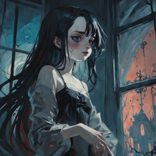 Smiling girl, looking through a window. In the style of Adrian Ghenie, Esao Andrews, Jenny Saville, Edward Hopper, surrealism, Dark Art par James Jean, Takato Yamamoto, Minimalisme inkpunk. Dans le style Tim Burton. Dans le style Addams Family. Neogothic. Dans le style de Guweiz. Dans le style de Shadbase. Dans le style de Shadman.