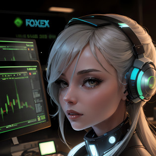 beautiful AI robot woman works in forex trading station. she is in researching mood. a big forex trading chart behind her