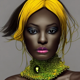 ebony beautiful fashion model, portrait, Alexander McQueen, l, hyper realistic, fashion photography, very detail, maximalist, 8k, octane render, ebony skin, strong green eyes makeup, gelfish collar, rembrandt lighting, yellow background --ar 2:3 --video --beta --upbeta