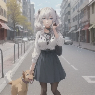 1girl, painting of a girl petting a dog outside, sidewalk, happy, casual outfit for public, sidewalk and road, cars, buildings, outdoors, dog on leash, normal hair and eye color, anime, anime face, art by artgerm and greg rutkowski and alphonse mucha, 8k, artgerm anime, professionally color graded, depth of field, breast