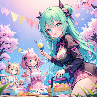 masterpiece, (2girls and 2girls and 2girls and 2girls at picnic), idol, big eyes, kawaiitech, kawaii, cute, pastel colors, best quality, happy, deep background, symmetrical, tilted head, summer