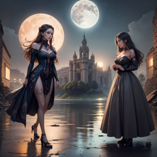 a painting by of a woman and a man walking on a raining night on the ruins on Peru by the water lake, with unbrella, looking in love, happy, perfect body, beautiful girl in a colourful dress with colourful intricate tattoos surrounded by colourful patterns, realistic fantasy, extremely detailed and beautiful , 8 k resolution, the moon is full