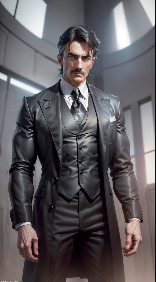 Nikola Tesla ((MUSCULOUS + strong + large)), wearing long and well-fitting coat of dark colors such as black or gray. Under the coat, he wears a white dress shirt with a turtleneck and tie. His trousers cut straight and match the color of the coat., ((Nikola Tesla Face)), ((Full Body)), ((Masterpiece)), ((High Resolution)), ((Realistic)), ((Creative)), ((Hyperrealistic)), (((Extremely detailed)), ((8k)), ((Excellent Details)), Main focus on the faces of scientists, ((Good lighting))