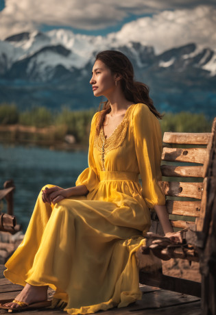 Beautiful woman in yellow dress sitting on a lounge chair?In the background is Kanas Lake in Xinjiang?Clouds are required in the sky?Beauty for Chinese