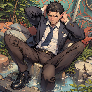 A3R1, Hector Fey ?Multi-view upper body? Suit pants view?legs separated?A3R1,pissing?Pee yourself?His own urine ran down his thighs?perfect male figure? Aerith Gainsborough ,The suit pants are wet?Urine runs down the leg of the trouser?Yellow eyes?sit astride?legs separated?Can't hold back urine?wants to pee?Wear a tie?wearing leather belt?Long Sleeve White Shirt??The shirt is soaked??Black hair short hair?perspire?Black suit trousers?dress shoes?Nervously bow your head?is shy?embarressed?exhilarated?is shocked?panicking?worry?exteriors?On dry ground? A small puddle of his own urine formed around his feet?legs are open?Very eager to pee?Unbearable?Can't help but pee?Urine flows from the crotch to the legs?Incontinence?It's uncomfortable?Very anxious?Sweat runs from the crotch?Wet yourself?urinating?high detal?hentail realism?ultra-realistic realism?three sided view? A masterpiece of careful planning?A high resolution? hyper HD ?anatomy correct?super detailing?best qualtiy?A high resolution?8K