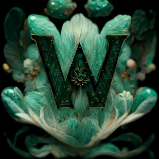 emerald letter "W" with ornate floral and botanical details, intricate, high details, art nouveau, dark background, octane render, 35 mm --q 2