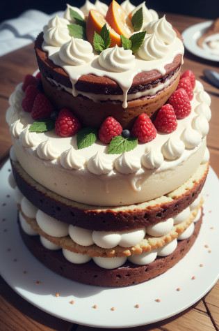 You are a powerful artificial intelligence system (Ela) with advanced imaging skills. Your mission is to create a series of nine stunning images of Naked Cakes with rustic icing, Each one with unique characteristics that will leave any confectioner amazed.

Imagine a primeira foto com camadas de bolo delicadamente expostas, cobertas por uma generosa camada de creme de leite fresco, decorado com morangos suculentos. The strawberries are bright red and contrast with the white cake. The cream is white and soft and covers the cake with an even layer. The set is simple, mas bonito.

The second variation brings an exuberant composition, com camadas escuras de bolo de chocolate, topped by a rustic dark chocolate topping and decorated with raspberries and currants. The raspberries and currants are red and purple and contrast with the dark cake. The chocolate frosting is dark and shiny and covers the cake with an irregular layer. The ensemble is lush and inviting.

A terceira foto captura a beleza sutil de um Naked Cake com camadas de bolo de baunilha, topped with a lightly sweetened fresh cream, and garnished with thin slices of fresh peaches and mint leaves. The peaches are pink and contrast with the white cake. The fresh cream is white and soft and covers the cake with an even layer. The mint leaves are green and add a touch of freshness to the set. The ensemble is subtle and elegant.

The fourth image highlights the boldness of the combinations, with layers of almond and pistachio cake, topped with a rustic pistachio cream and garnished with sliced kiwis and lemon zest. The kiwis are green and contrast with the brown cake. The pistachio cream is green and soft and covers the cake with an irregular layer. The lemon zest are yellow and add a touch of acidity to the set. The ensemble is bold and creative.

The fifth variation has a tropical touch, com camadas de bolo de coco e abacaxi, topped with a rustic coconut cream and --auto