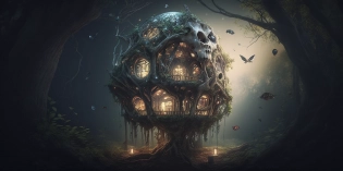 A dilapidated tree house that looks like a skull in a dark and gloomy forest, mystical light pours from the windows of the house, epic lighting, insects and crystals deflecting light, atmospheric lighting, unreal engine --ar 2:1