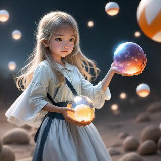 Realistic photo of a human girl standing with a ball of light, A girl holding a sphere, holding a glowing sphere, Glowing ball of light, glowing sphere, glowing sphere, Magical light, Shine with magic, Soft light outdoors, Ball of light for the eye, Soft moonlight, A mystical environment, Girl's flashlight, Magic light, magic lighting, Filipino lighting realistic photography