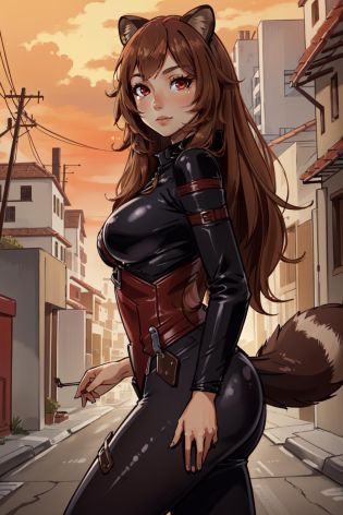 (masterpiece, best quality),  intricate details,
1girl,  <lora:raphtaliatest:0.8> raphtalia, animal ears, brown hair, long hair, raccoon ears, raccoon girl, raccoon tail, (red eyes:1.5), tail, 
 <lora:bikesuit_beta:0.8> latex bikesuit,