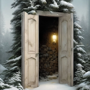 mdjrny-v4 style, open doorframe in the middle of snowy woods, a magical world inside the doorway, by Drew Struzan and Dorothy Coke
