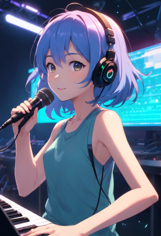 (?masterpiece?top-quality?8K )?Bird View?Overhead view camera work?Anime slender with colorful hair and headphones sitting at inorganic table on laptop, creature, Beauty, Retro Modern, lock, urgent, Perfect, epicd,Music Studio, Best Shadows, Shallow depth of field, (of the highest quality, Amazing details: 1,4),  Fancy, Glare, Neon Garland,intricate detailes,ultra-detailliert?one girls?Grinning ?(Live Stage:1.3),(Recording Microphone?Condenser microphone?Mixing Machine?Sampling Machine?Rhythm Box?mixer,synthesizer?Monitors:1.2),recording studio?Spotlight from behind?Hyper realistic,Perfect Anatomy?lightblue hair