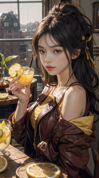 front side photo,filmg?8K?OriginalPhoto?While drinking lemon juice?Lemon slices for garnish?The table was full of lemons?Burgundy leather coat?Exposed shoulder?grey long hair?Lemon slices in a water glass