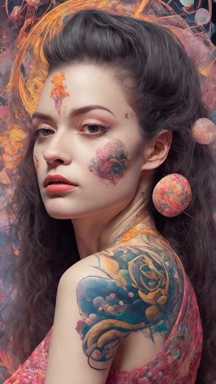 (style of richard deacon), formal wear  android,1girl,a  beautiful girl in a colourful dress with colourful intricate tattoos surrounded by colourful patterns,(Luminous burning hair:1.2),  realistic fantasy, extremely detailed and beautiful , 8 k resolution, <lyco:gpts4 lite dreamwave_278580:1.0>