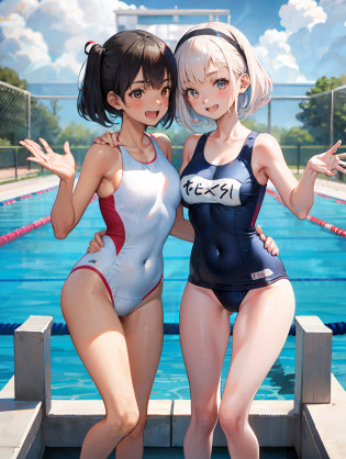 master-piece, hyper quality, hyper detailed, perfect drawing, CG, 3D, 8k, illustration, beautiful face girl, hiten_1, two beautiful girls kissing while pressing their breasts against each other,
Beautiful girl in swimsuit, chubby, plump, blush, sweat, tanned skin, cheeky smile, swimming club, competitive swimsuit, one-piece type swimsuit, sober swimsuit, 15 years old, blue sky, cumulonimbus clouds, brilliant sun, sparkling water surface, school swimsuit, competitive swimming pool, shot from the front diagonally below, bust up, see-through, thin fabric,