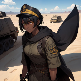 a 1girl, ??, dark-skin, Beautiful yellow eyes, Short Hair Hair, long bangs, Black hair, Tired Desert Gaze, hot weather, The sun is at its zenith, Without clouds, body piercings, bandana on the face, military cap on his head, gloves, soldier's cloak, High boots, The Perfect Picture.