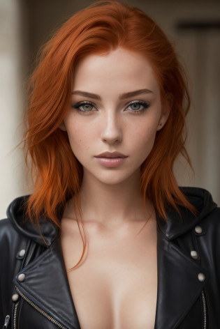 arafed woman with red hair and a leather jacket posing for a picture, cheveux roux avec taches de rousseur, cheveux roux et taches de rousseur, Portrait Sophie Mudd, portrait of a beautiful model, Une jeune femme rousse, stunning closeupheadshot, fille rousse, cheveux roux et traits attrayants, red head, femme aux cheveux roux, Jeune femme aux cheveux roux, Belle femme rousse