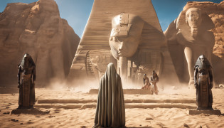 (Fotografia digital realista, qualidade surpreendente), A stunning alien humanoid with white skin and black eyes, with incredible 4 meters high, captured in an epic photograph, surrounded by worship by the ancient Egyptians.