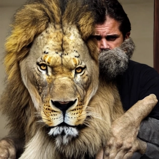 Un hombre fuerte y musculoso, con una barba densa y un cabello largo y oscuro, se encuentra en la puerta de su casa, luciendo su magn�fico le�n como mascota. El le�n es enorme y majestuoso, con una melena dorada y brillante, y su cabeza descansando en el hombro del hombre. El hombre tiene una sonrisa confiada en el rostro mientras acaricia suavemente al le�n. En el fondo se ve un paisaje ex�tico con colinas y �rboles, lo que sugiere que el hombre y su le�n viven en un ambiente salvaje y natural. La imagen est� iluminada con una luz dorada y c�lida, que acent�a la belleza del le�n y la fuerza del hombre. La imagen est� renderizada en alta calidad en resoluci�n 4K y utiliza t�cnicas de texturizaci�n avanzadas para hacer que el pelaje del le�n parezca realista y detallado